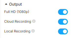 Talk Studio recording settings interface with three toggle options: Full HD (1080p), Cloud Recording, and Local Recording.